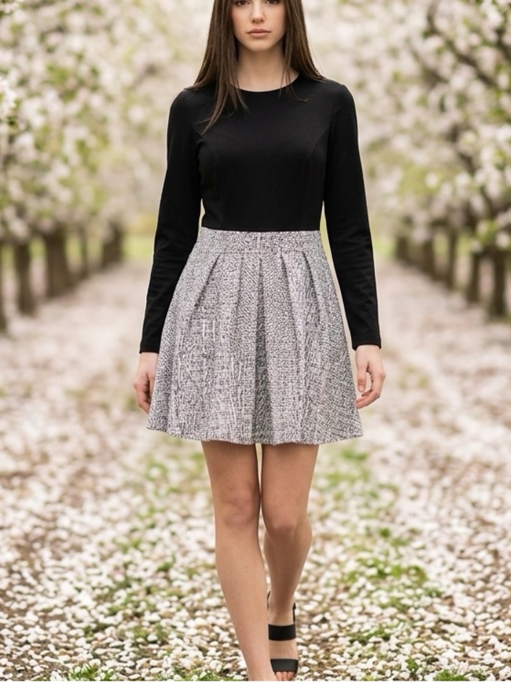 Ralph Lauren Black Top with Gray Textured Skater Dress